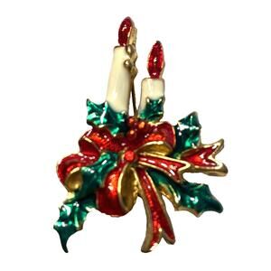Vintage Christmas Candles Brooch Colorful Enamel Festive Goldtone Red Green Pin